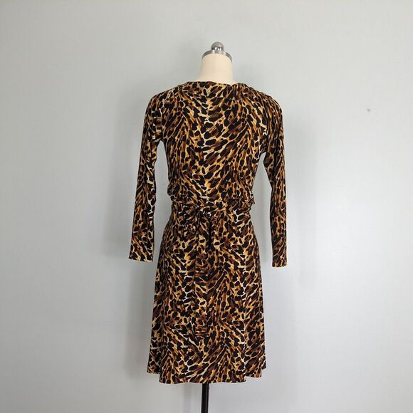 Normal Kamali Wrap Dress M Brown Short Leopard Animal Print Work Career Sleeve - Picture 3 of 12